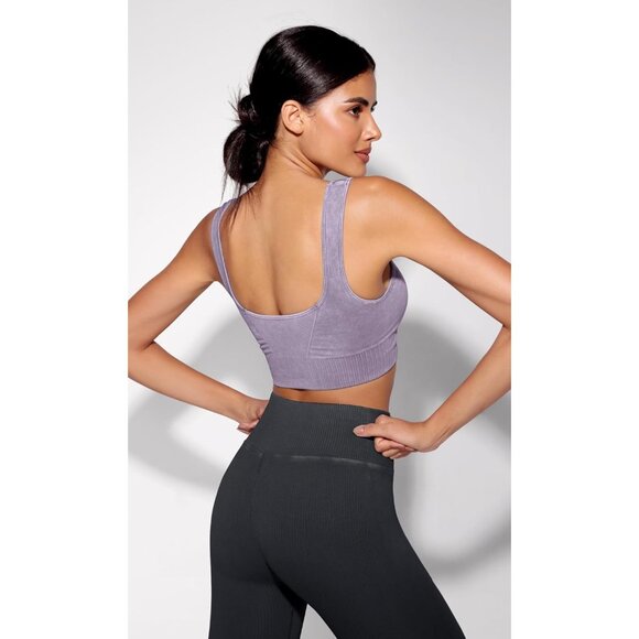 Women's Stone Washing Lavender Square Neck Low Back Ribbed Cropped Sports Bra - Picture 2 of 5